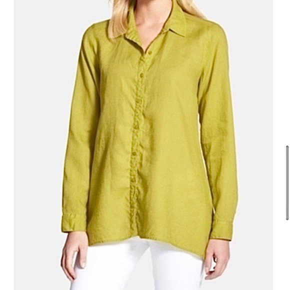 Eileen Fisher Organic Irish Linen Bright Yellow Green Button Down Shirt, XS - Picture 1 of 12